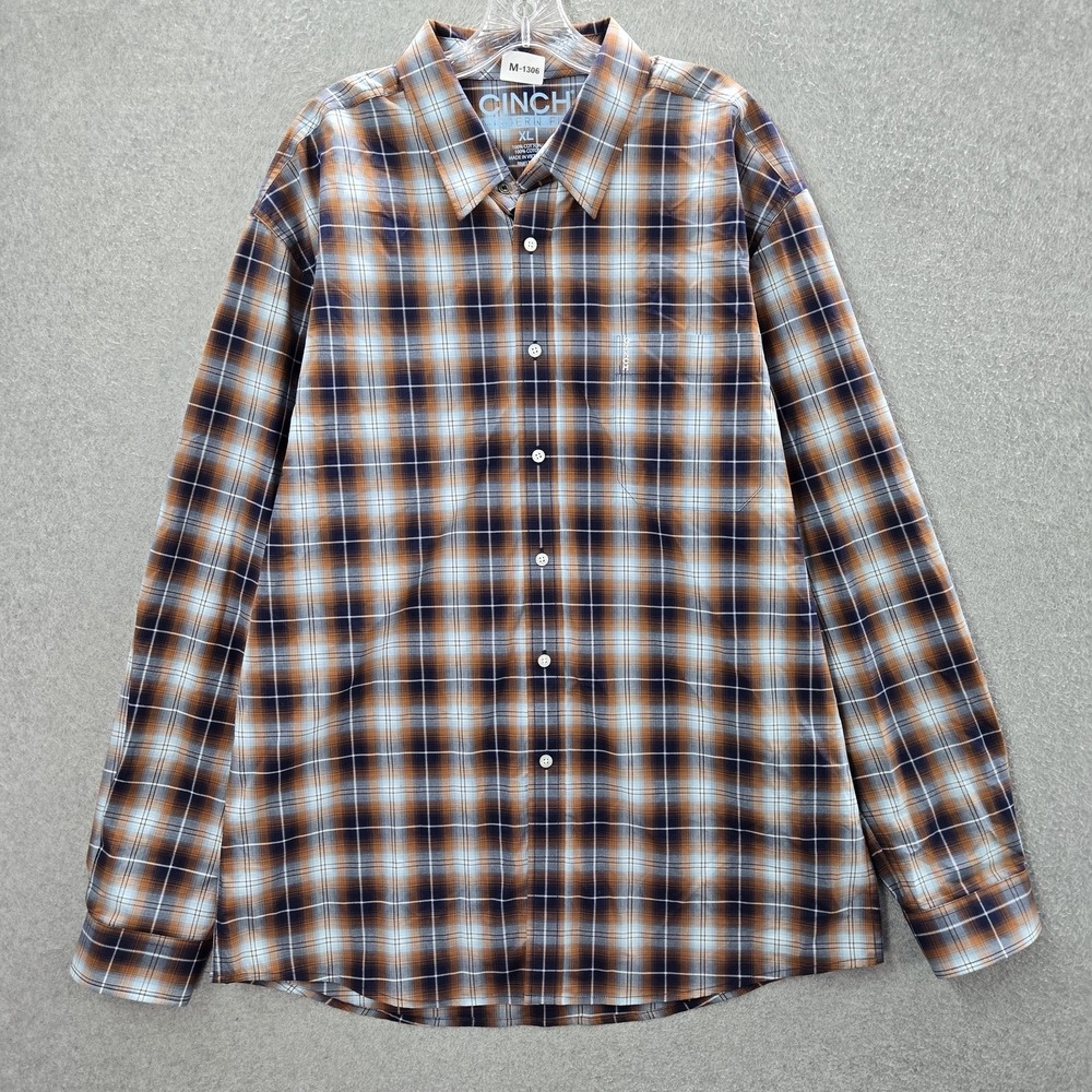 Cinch Men Button Up Shirt XL Brown Plaid Western Modern Fit Long sleeve Collar